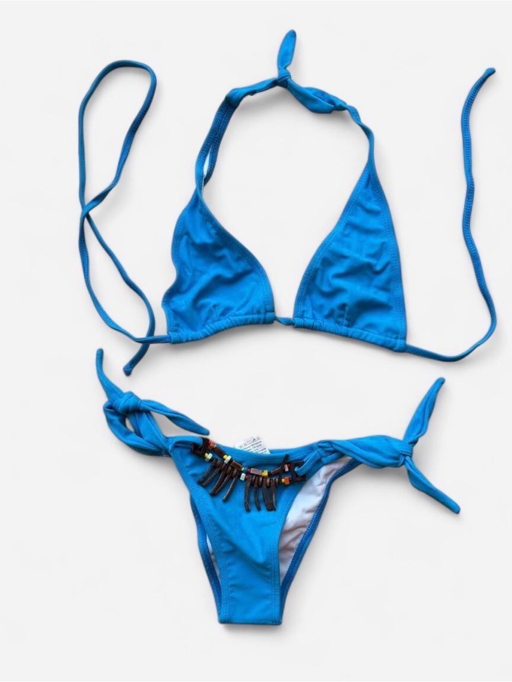 Women's Blue Tie Bikini Set with Beaded Detail